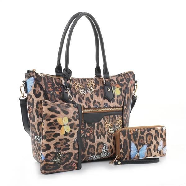 Wild Black Faux Leather, Leopard & Butterfly Print Wristlet Wallet Satchel Handbag Set