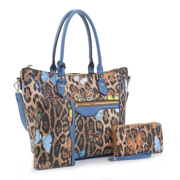 Wild Blue Faux Leather, Leopard & Butterfly Print Wristlet Wallet Satchel Handbag Set