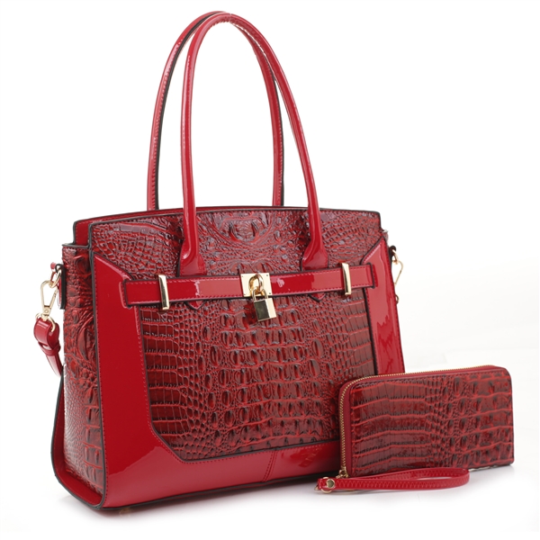 Stylish Burgundy Red Patent Leather Faux Alligator Skin Locket Charm Satchel Handbag Set