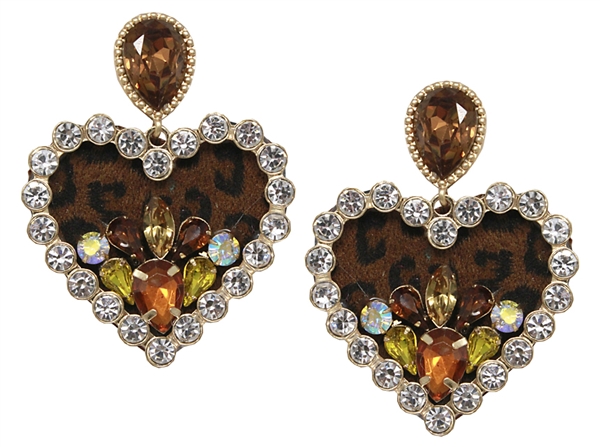 Light Brown, Yellow & Clear Crystal Heart Shaped Leopard Print Dangle Stud Earrings