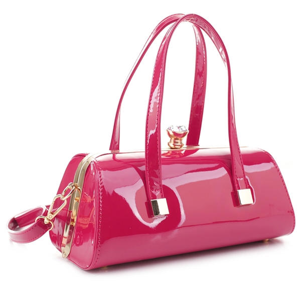 Cute Fuchsia Patent Leather Crystal Rhinestone Clasp Fashion Satchel Shoulder Handbag