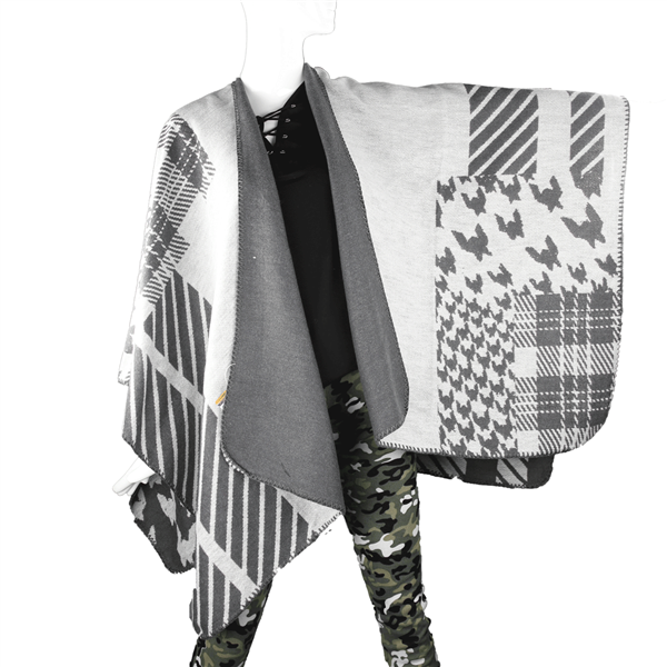 Reversible Thick Dark Grey & White Checkered Stripe Shawl Wrap