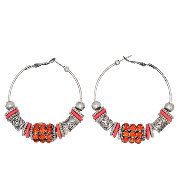 Fashion Sparkling Fire Opal Orange Crystals, Coral & Silver Charms Silver-Toned Hoop Omega Back Earrings
