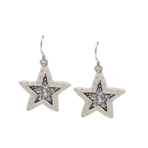 Shimmering Diamond Crystal White Textured Star Silver Tone Fish Hook Earrings