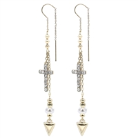 Stylish Beaded Charm & Crystal Cross Gold Toned Dangle Threader Earrings