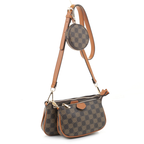 Fashion & Stylish Coffee & Light Brown Round Checkered Faux Leather Crossbody Set