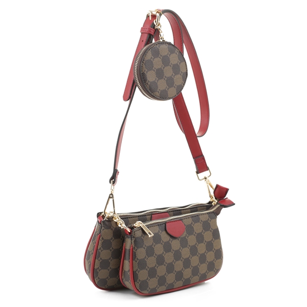 Fashion & Stylish Coffee & Red Round Checkered Faux Leather Crossbody Set