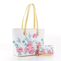 Springtime White Faux Leather Floral Watercolor Print Pastel Yellow Trim Tote Set