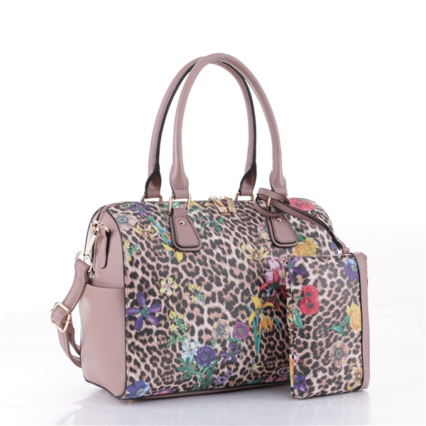 Chic & Trendy Wild Leopard/Flower Print & Mauve Faux Leather Satchel Shoulder Handbag Set