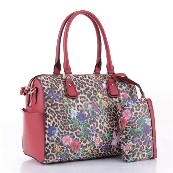 Chic & Trendy Wild Leopard/Flower Print & Red Faux Leather Satchel Shoulder Handbag Set