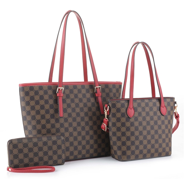 Stylish Timeless 3 Piece All-Over Pattern Red & Coffee Brown Tote Satchel Set