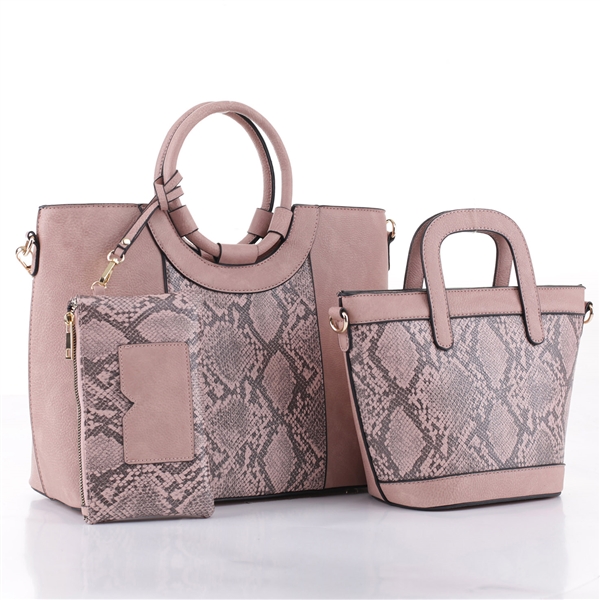 Unique & Stylish Python Snake Skin & Blush Faux Leather Satchel Shoulder Tote Handbag Set