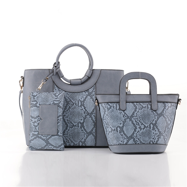 Unique & Stylish Python Snake Skin & Light Blue Faux Leather Satchel Shoulder Tote Handbag Set