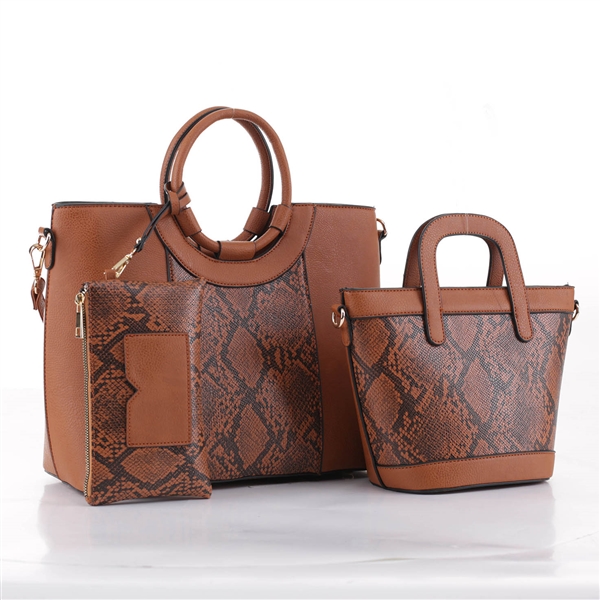 Unique & Stylish Python Snake Skin & Light Brown Faux Leather Satchel Shoulder Tote Handbag Set