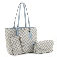 Stylish Light Blue & Ivory Faux Leather Beige Repetitive Design Tote Handbag Set