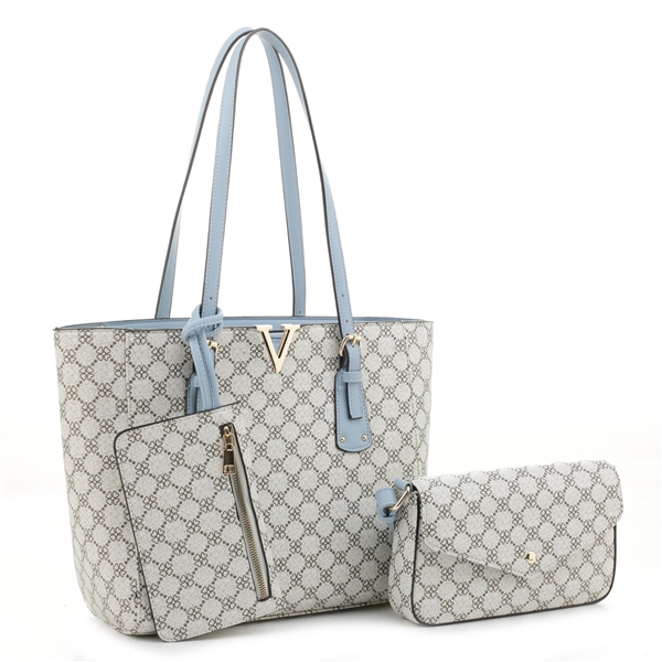 Stylish Light Blue & Ivory Faux Leather Beige Repetitive Design Tote Handbag Set