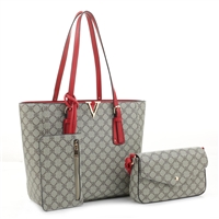 Stylish Red & Ivory Faux Leather Beige Repetitive Design Tote Handbag Set