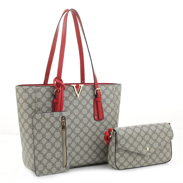 Stylish Red & Ivory Faux Leather Beige Repetitive Design Tote Handbag Set