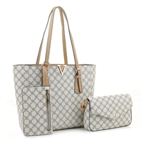 Stylish Caramel Tan & Ivory Faux Leather Beige Repetitive Design Tote Handbag Set