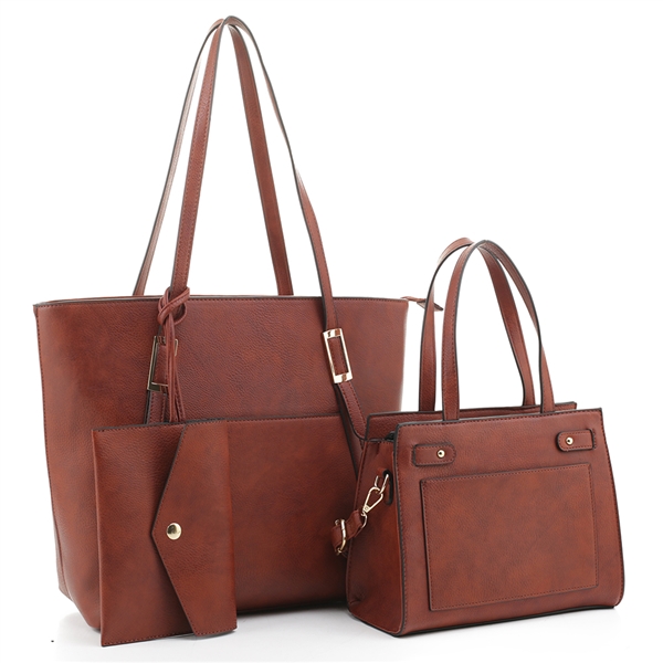 Stylish Red Brown Faux Leather Tote Satchel Handbag Set