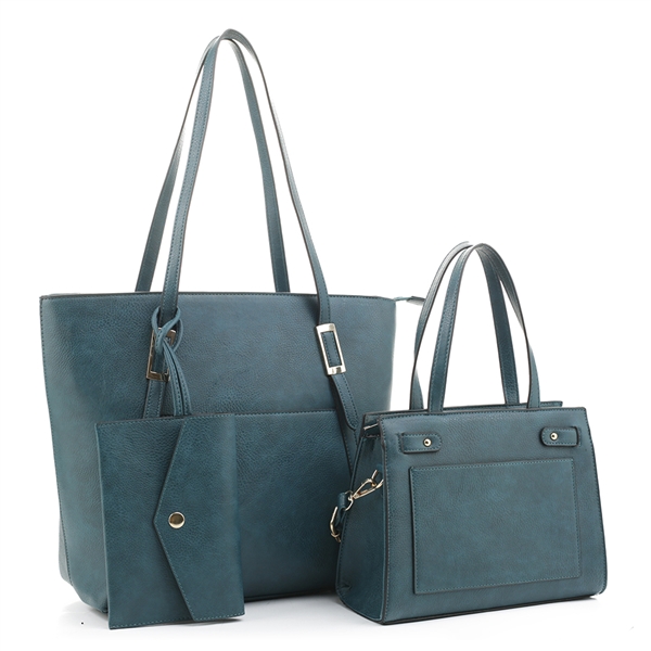 Stylish Teal Faux Leather Tote Satchel Handbag Set