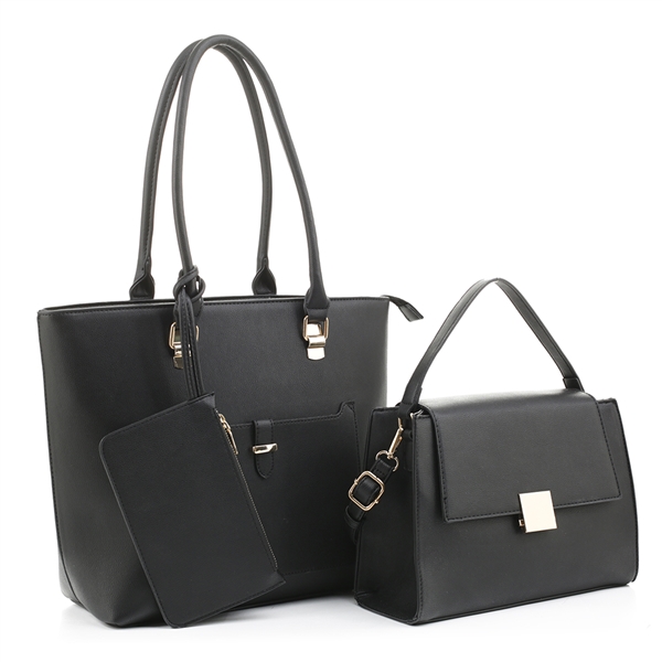 Stylish Black Faux Leather Satchel Handbag Set