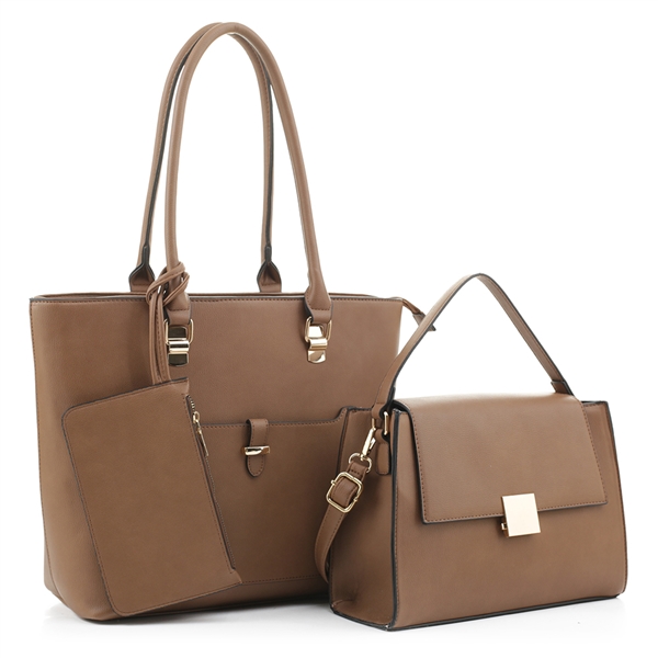 Stylish Light Brown Faux Leather Satchel Handbag Set