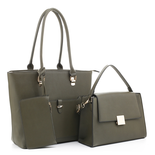 Stylish Dark Olive Faux Leather Satchel Handbag Set