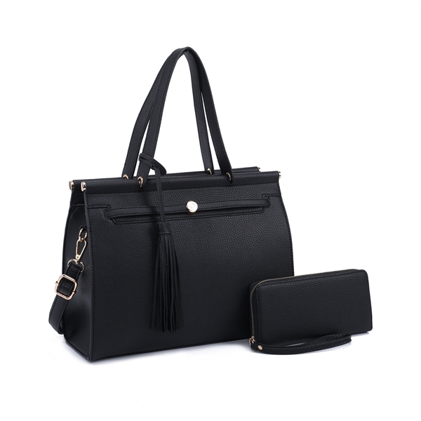 Mod Fashion Soft Leather Black Satchel Handbag Set