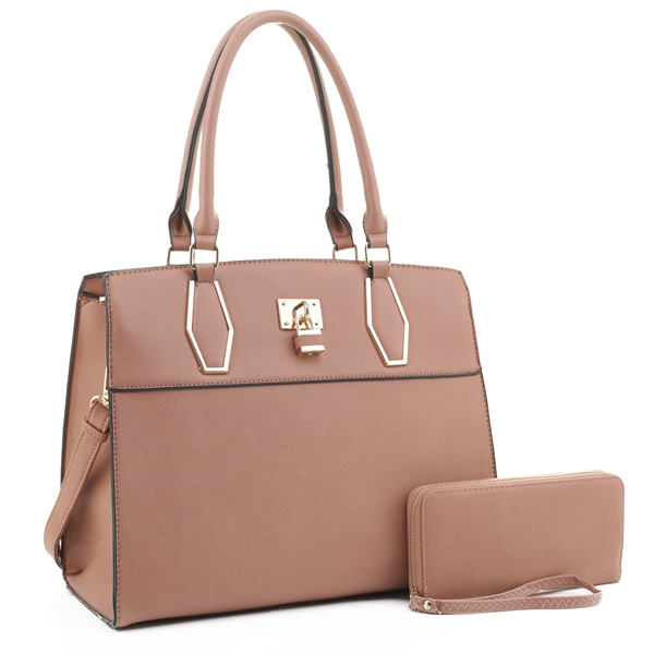 Essence Fashion Soft Leather Light Mauve Satchel Handbag Set