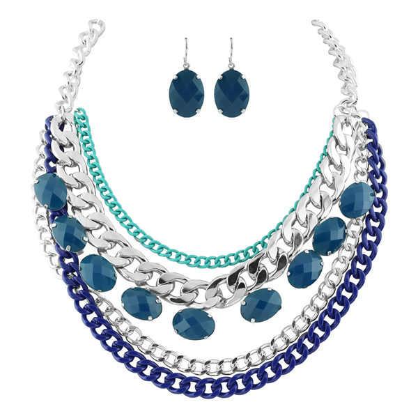 BLUE CHAINED CRYSTAL STONE NECKLACE SET