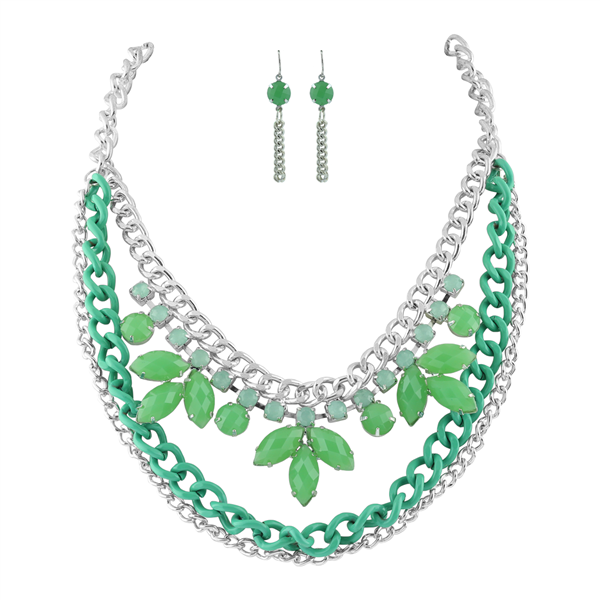 GREEN CHAINED CRYSTAL STONE NECKLACE SET