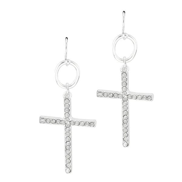 Classy Faith Sparkling Clear Crystal Cross Silver Toned Post Dangle Earrings