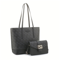 Stylish Mirrored P Printed Stitched Black Satchel Tote Set