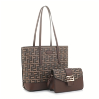 Stylish Mirrored P Printed Stitched Coffee Brown Satchel Tote Set