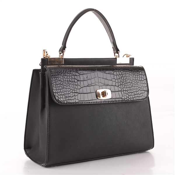 Fad & Stylish Black Faux Leather & Alligator Skin Satchel Handbag