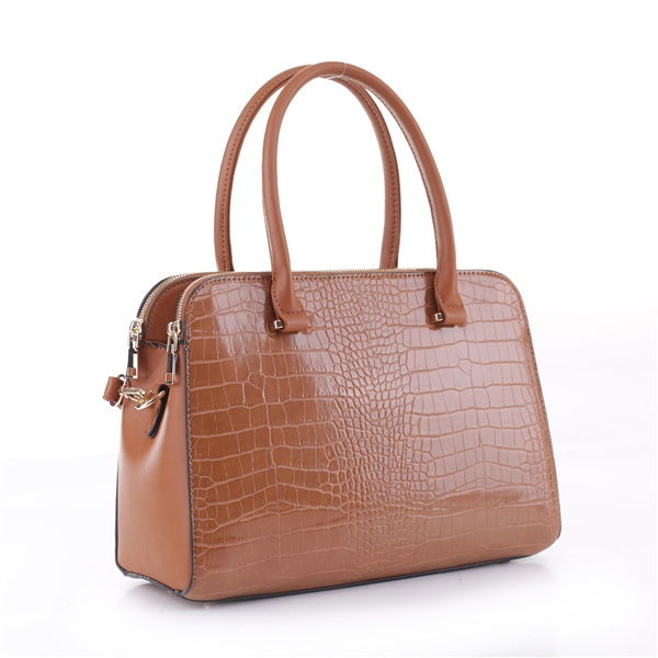 Classy Brown Faux Leather & Brown Faux Alligator Skin Dapper Satchel Handbag