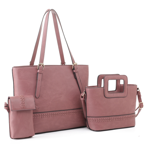 Modern Contemporary 3 Piece Pink Mauve Faux Leather Satchel Set