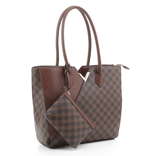 Stylish & Unique Coffee Brown Faux Leather, Brown & Black Checkered Dot Pattern Faux Leather Gold Toned Satchel Handbag Set