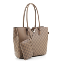 Stylish & Unique Taupe Faux Leather, Khaki & Taupe Checkered Dot Pattern Faux Leather Gold Toned Satchel Handbag Set