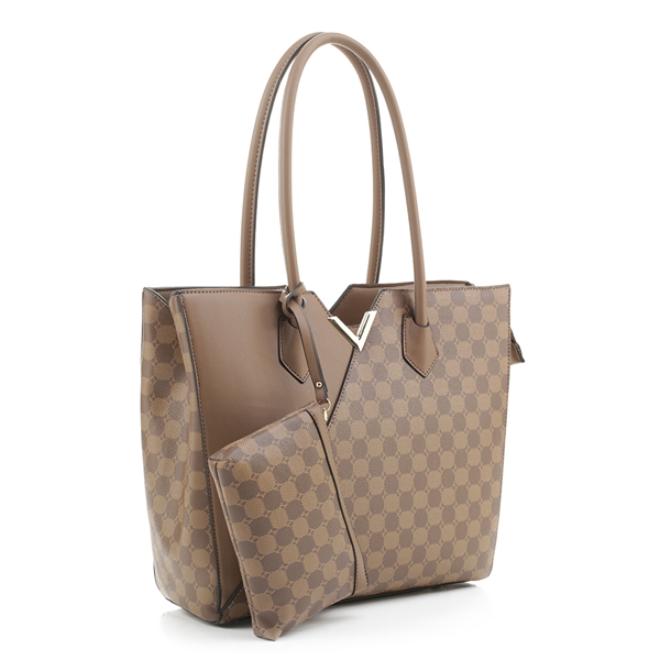 Stylish & Unique Taupe Faux Leather, Khaki & Taupe Checkered Dot Pattern Faux Leather Gold Toned Satchel Handbag Set