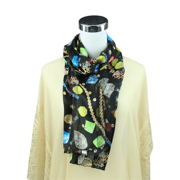 Colorful Jewel Treasure Print Black Silk Scarf