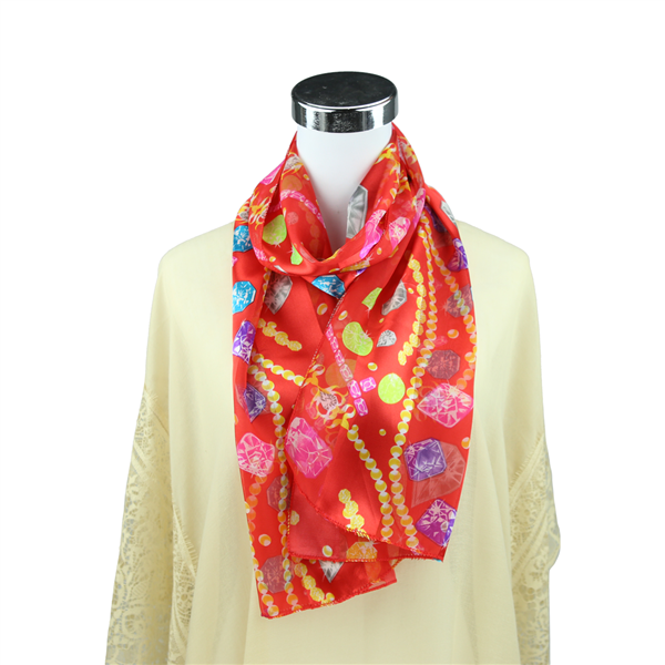 Colorful Jewel Treasure Print Red Silk Scarf