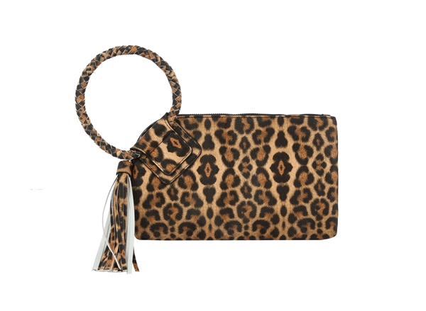 Stylish Brown Leopard Printed Faux Leather Fashion Wristlet Clutch