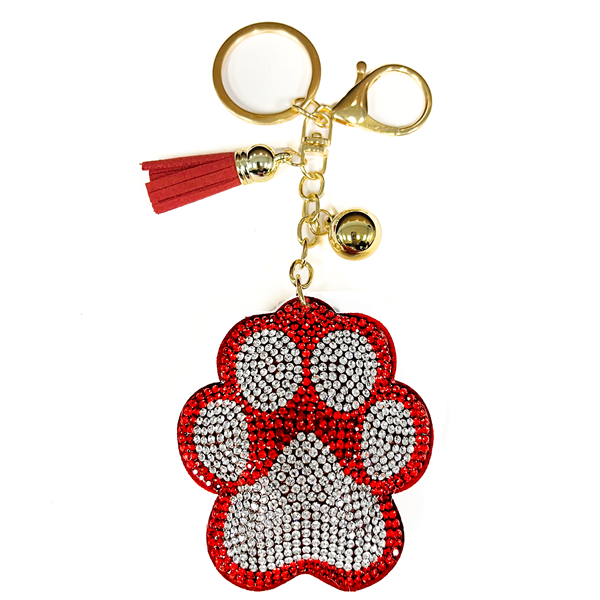 Siam Red & Diamond Crystals Red Stitched Paw Soft Plush Gold Toned Keychain