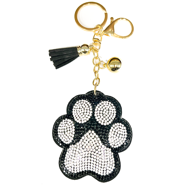 Jet Black & Diamond Crystals Black Stitched Paw Soft Plush Gold Toned Keychain