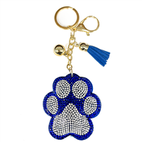 Sapphire & Diamond Crystals Blue Stitched Paw Soft Plush Gold Toned Keychain