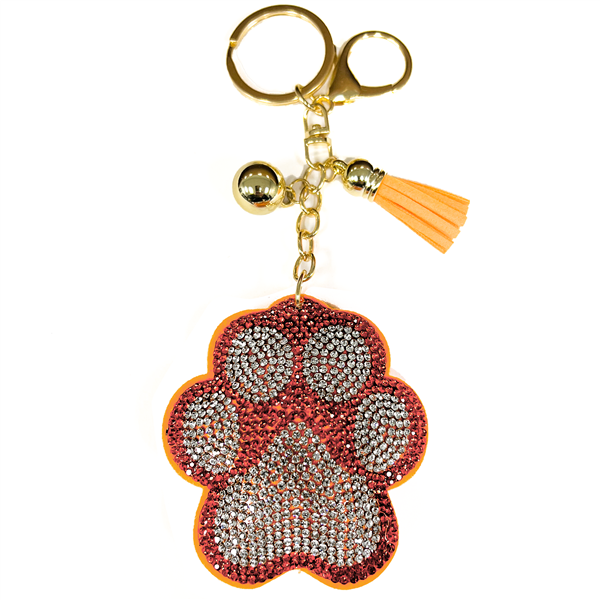 Orange & Diamond Crystals Orange Stitched Paw Soft Plush Gold Toned Keychain