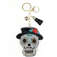 Mexican-Inspired Multi-Colored Crystals Black Stitched Calavera Skull Soft Plush Gold Toned Keychain