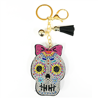 Mexican-Inspired Multi-Colored Crystals Black Stitched Calavera Skull Soft Plush Gold Toned Keychain